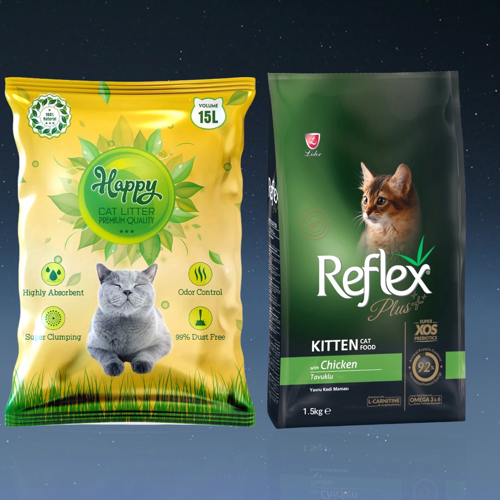 Combo Thức ăn mèo Reflex plus Kitten 1,5kg vị gà và cát Happy kháng khuẩn 15L