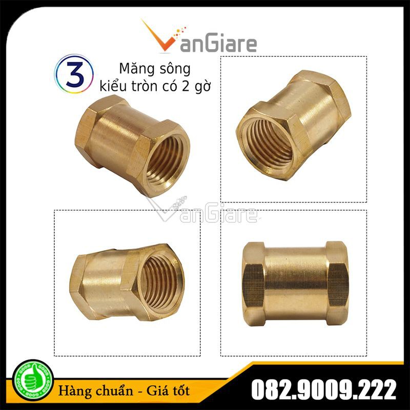 Măng sông thau, nối 2 đầu ren trong đồng thau phi 21 27 34