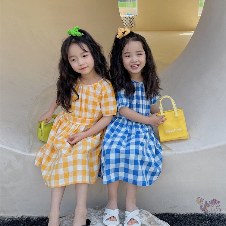 Đầm Cotton Ngắn Tay Họa Tiết Sọc Caro Thời Trang Mùa Hè Hàn Quốc Cho Trẻ Em