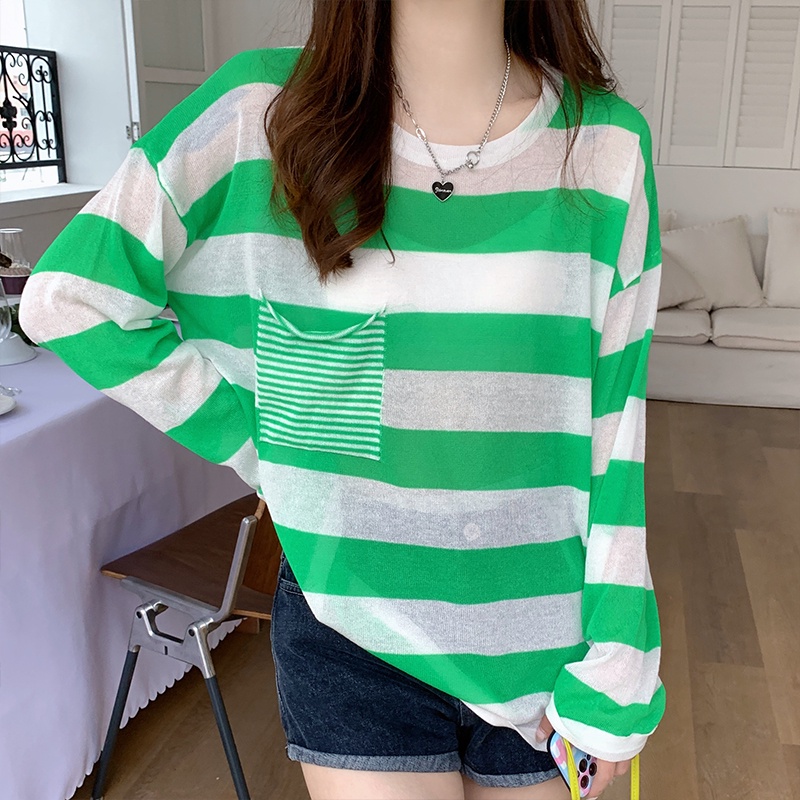 【ZHELIHANGFEI】Áo Thun Tay Dài Họa Tiết Sọc Thời Trang Sành Điệu Cho Nữ