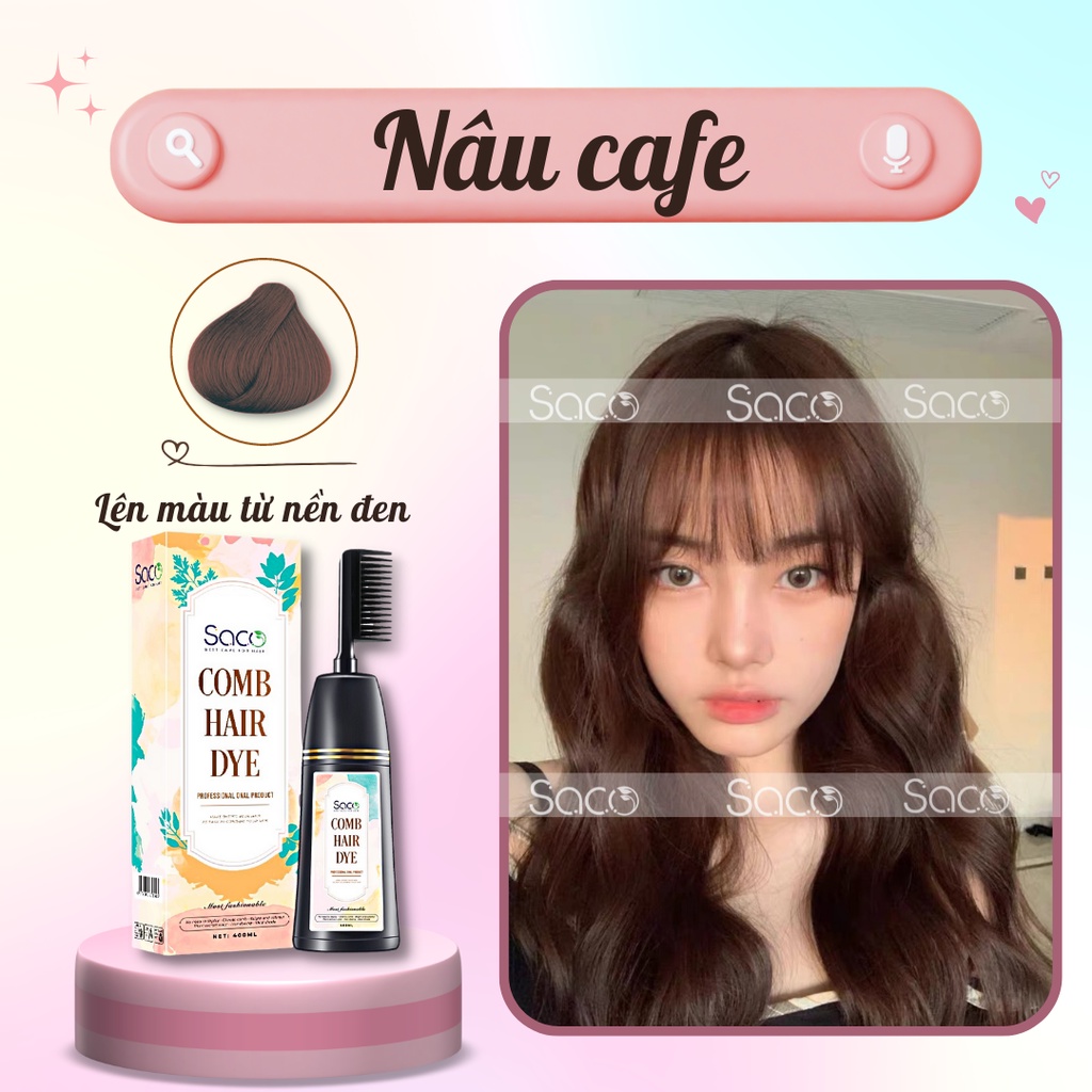 Lược nhuộm tóc thần thánh Saco màu Nâu Cafe lên màu từ nền đen, có phủ được bạc chai 400ml