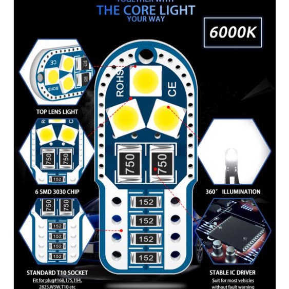 Bóng đèn LYMOYO T10 W5W 3030 6Smd cho xe hơi