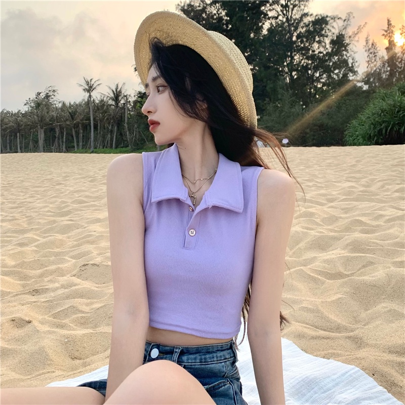 NUZIRO Áo lửng  cổ polo không tay thời trang mùa hè dành cho nữ