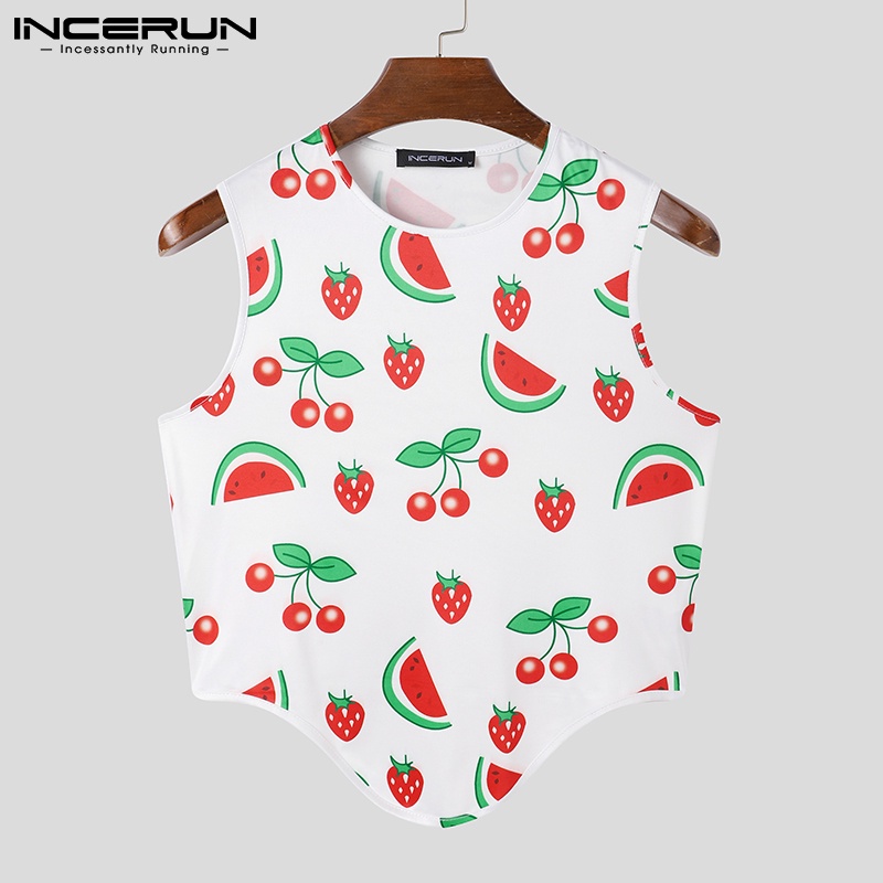 Áo không tay INCERUN họa tiết cherry xẻ tà thời trang trẻ trung cho nam