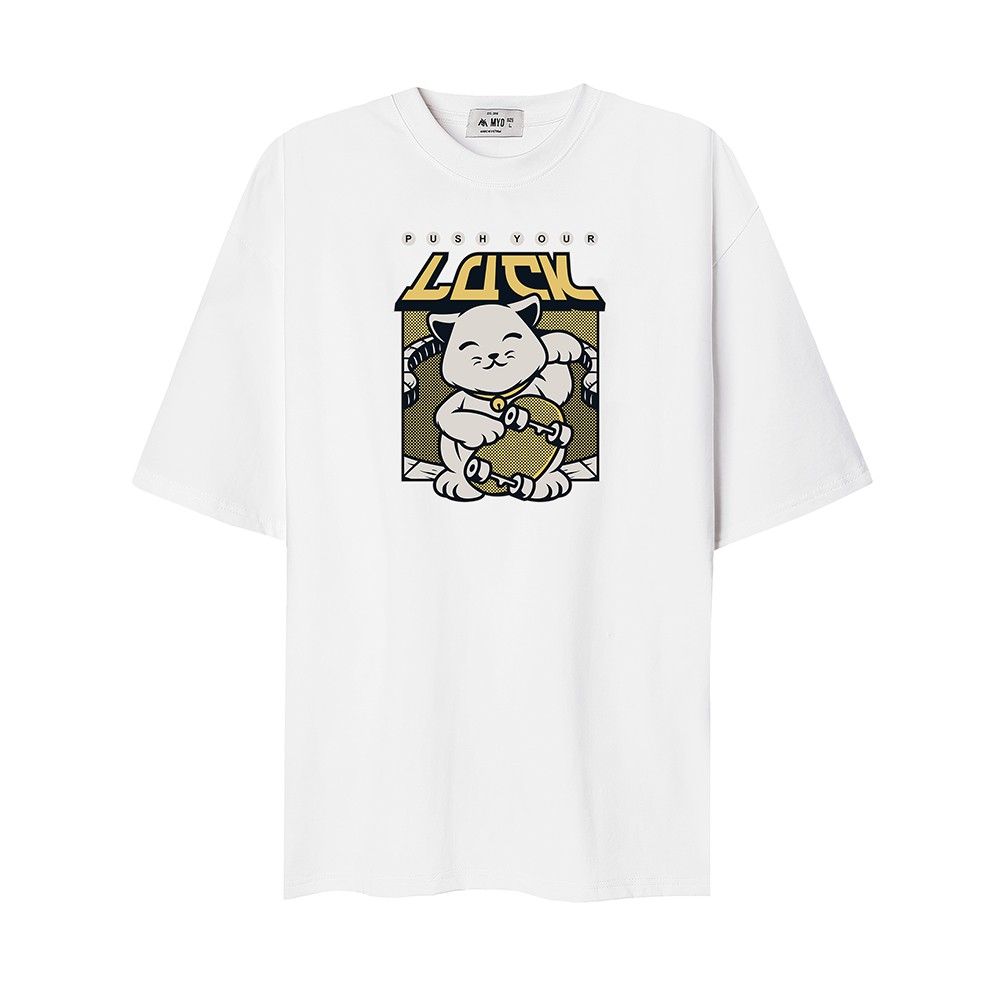 Áo Phông Nam Đẹp MYO Vải Cotton In Hình Mèo Lucky Ván Trượt 2731