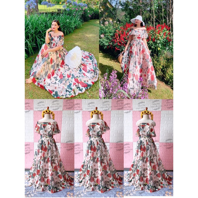 (miễn phí chỉnh váy) đầm maxi voan hoa trễ vai váy xoè đi biển du lịch chụp hình sống ảo thiết kế sang trọng