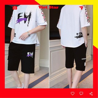 Bộ quần áo nam thể thao cộc tay mặc mùa hè in chữ FH, chất thun cotton 2 màu đen/trắng VST