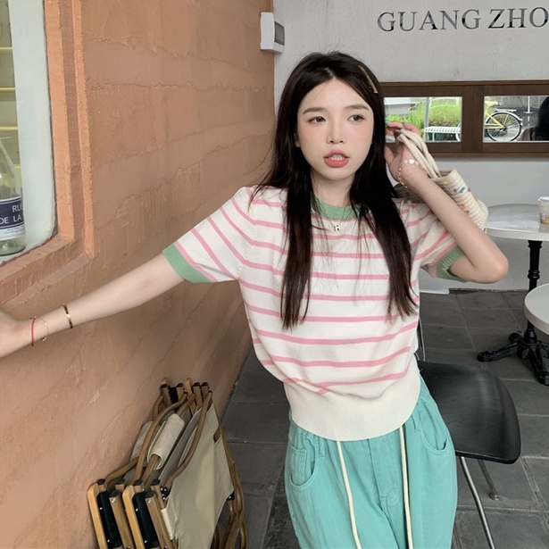 Áo thun dệt kim ZHELIHANGFEI ngắn tay họa tiết kẻ sọc phong cách thời trang dễ phối đồ