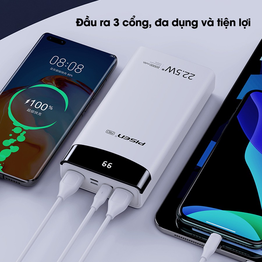 Sạc dự phòng PISEN pro led station 30000MAH, 22.5W - hàng chính hãng