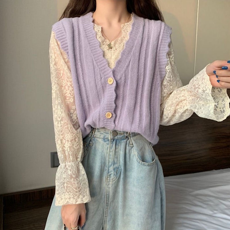 Áo Dệt Kim Sát Nách Cổ Chữ V Phối Ren Thời Trang Mùa Thu Hàn Quốc Cho Bé Gái