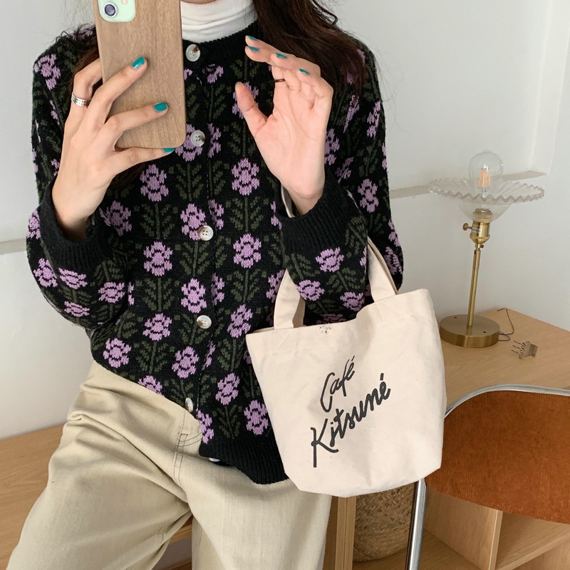 Áo khoác sweater cardigan cổ tròn họa tiết hoa phong cách phương Tây cho nữ