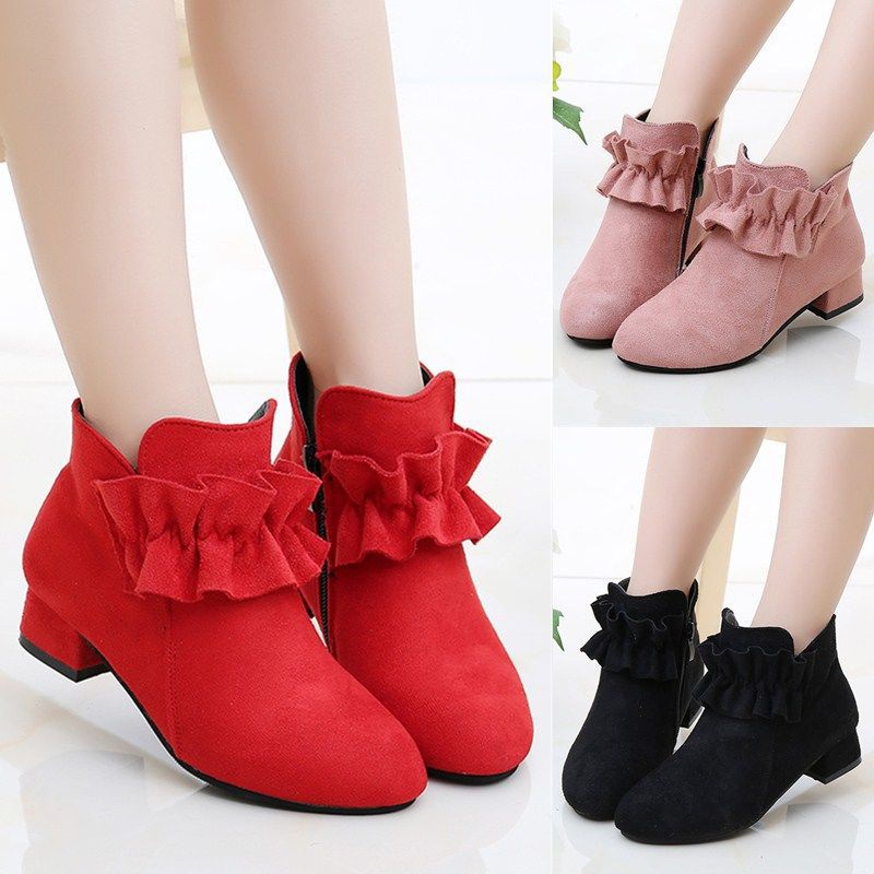 Giày bốt gót cao thời trang Anh Quốc chất dạ xinh xắn dành cho bé gái 3-18 tuổi size 27-37 màu Đen Đỏ Hồng Boots trẻ em