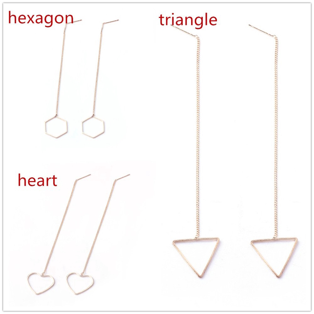 XIJING-COD Fashion Woman Simple Gold Geometric Heart Triangle Pendant Long Chain Earring Jewelry