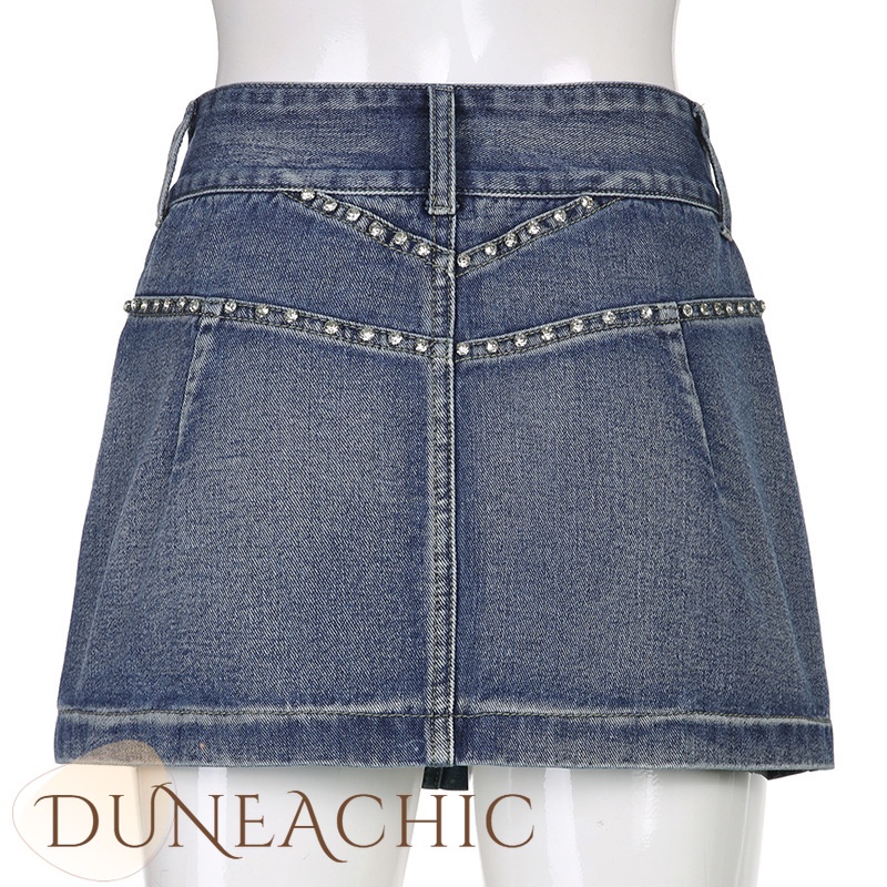 DUNEA Chân váy jean Phối Túi Đính Đá Phong Cách Retro Cho Nữ