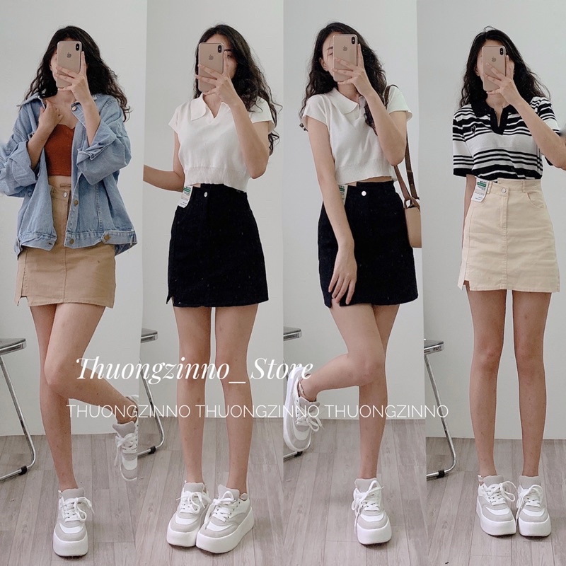 [Ảnh thật/Video ]Chân váy chữ A cạp chéo gắn tag da FROM loại 1 Chân váy  chất kaki hai da hàng Quảng Châu