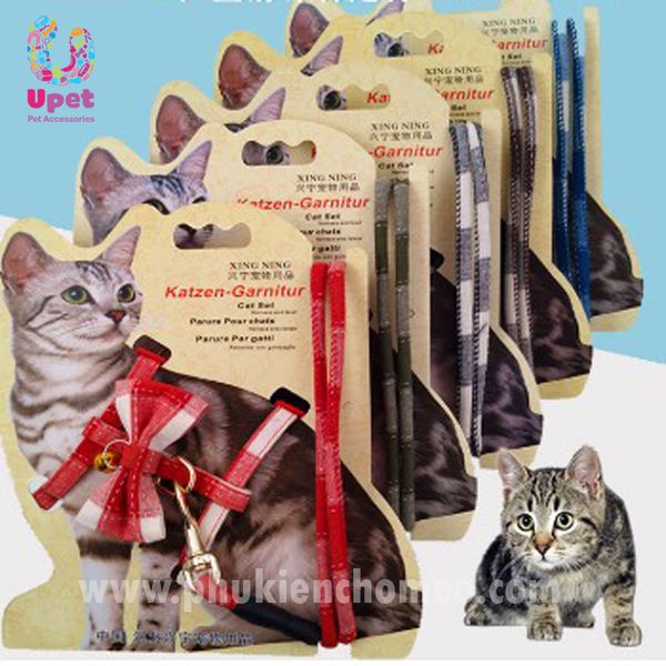 Bộ dây dắt mèo cổ bụng kèm chuông và nơ thời trang (dây tròn) 0.6x130cm