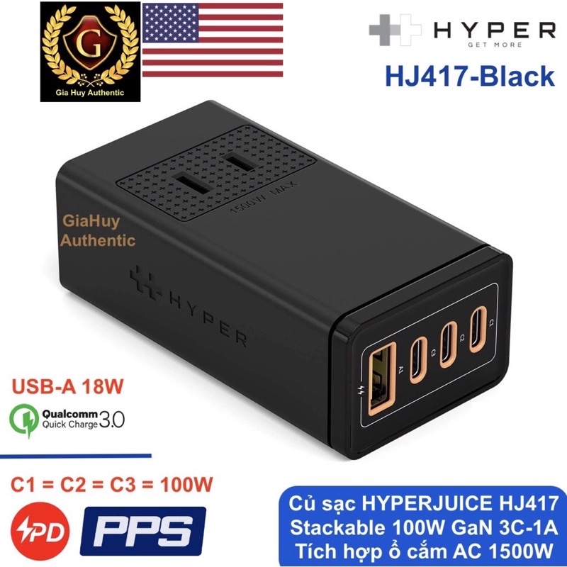 Củ sạc HyperJuice HJ417 PD 3.0/ PPS 100W GaN 3C-1A, tích hợp ổ cắm điện 1500W