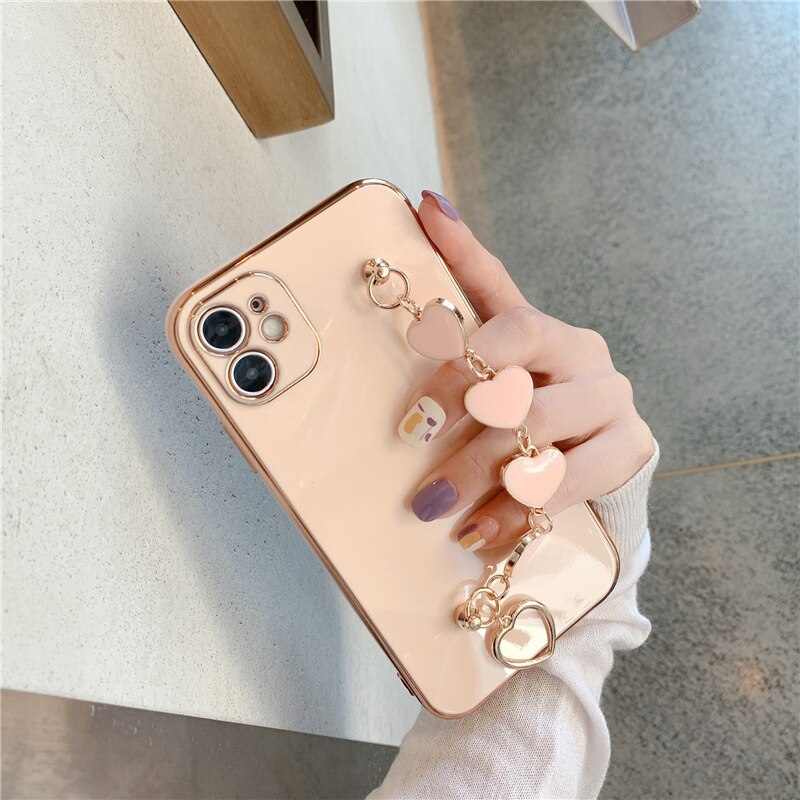 iPhone 12 Pro Max Case Luxury Gold Plated Heart Bracelet Hand Strap Cover  iPhone PRO MAX 11 XS MAX XR X XS 7 8 Plus Case