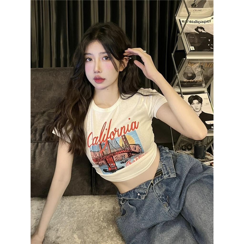 Áo Thun Cổ Tròn Dáng Ôm Ngắn In Họa Tiết Kiểu Retro Cá Tính 64016