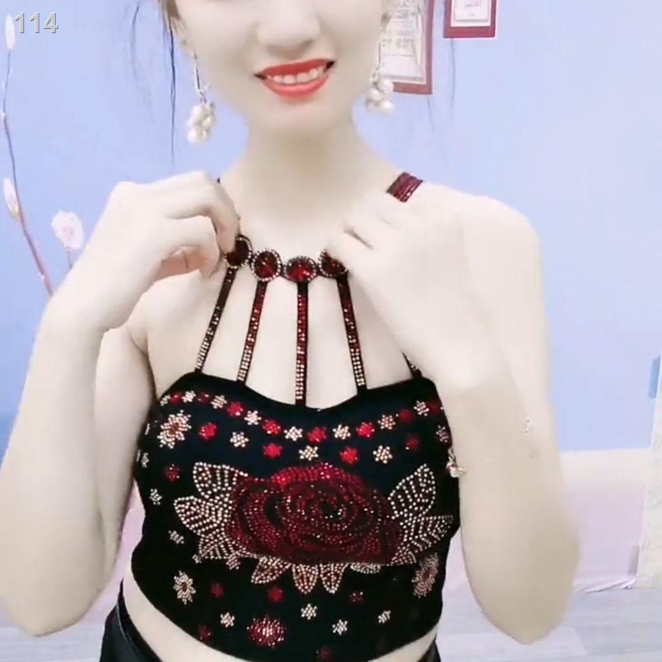 ▽♠Nạm hoa hồng xương đòn áo yếm phụ nữ mùa hè 2021 mới mặc bên ngoài sexy lưới màu đỏ vẻ đẹp trở lại đáy sơ mi