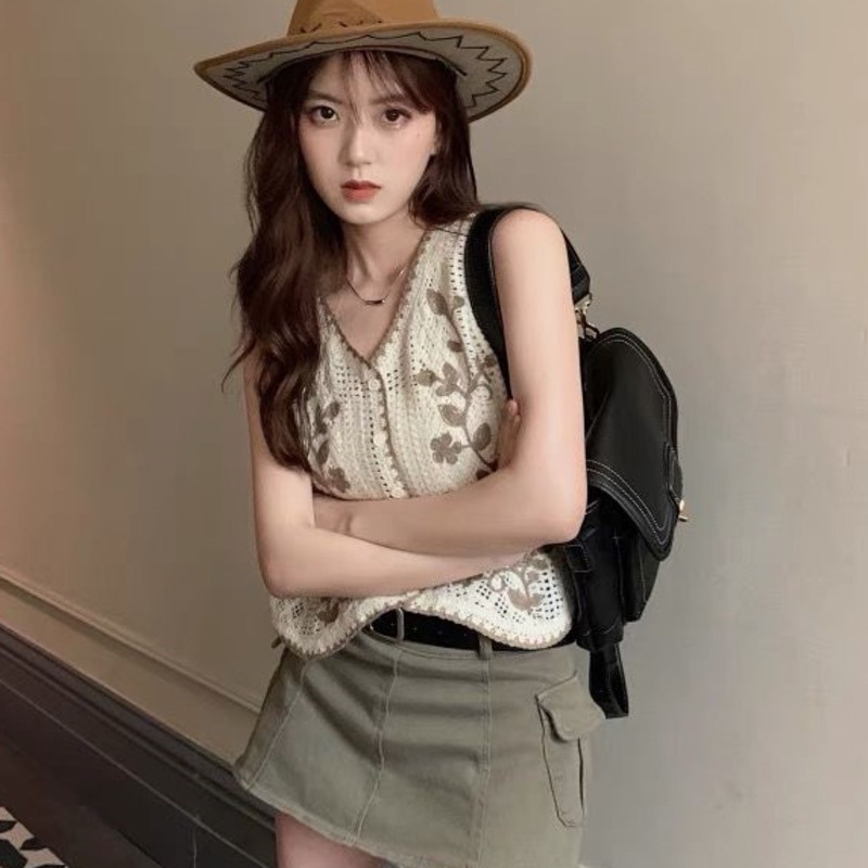 Áo Vest Dệt Kim Thêu Cổ Điển 198526 Áo Khoác Len Không Tay Cổ Chữ v Phong Cách Hàn Quốc