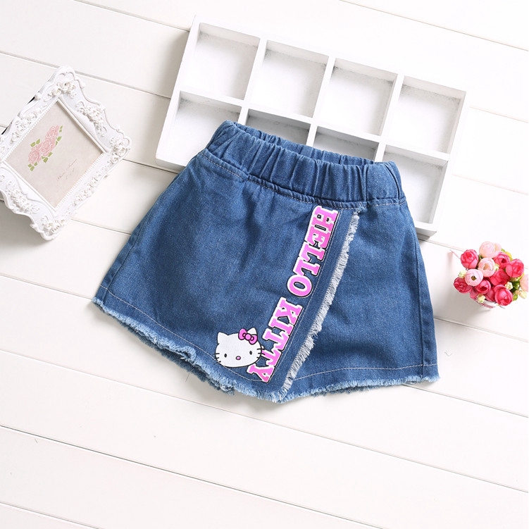Quần Short Denim In Hình Hello Kitty Cho Bé Gái 4-12 Tuổi