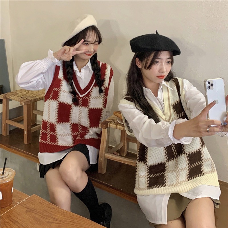 Áo gile dáng rộng họa tiết ô vuông mix đồ siêu xinh! Ulzzang Style Hàng quảng châu