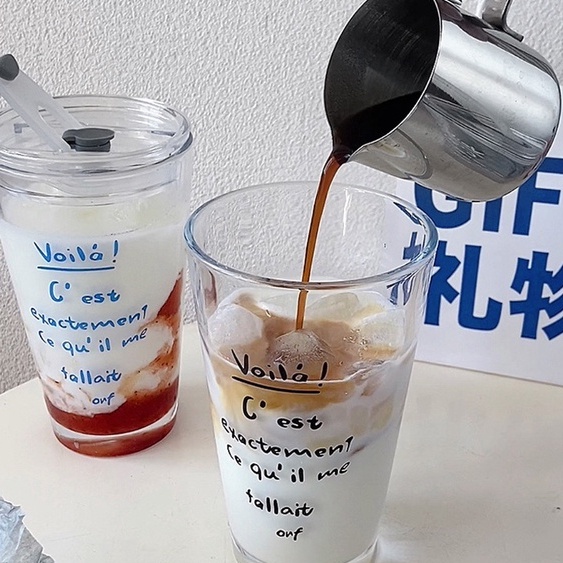 Cốc Thủy Tinh Uống Nước Kèm Ống Hút Phong Cách Pháp Lãng Mạn