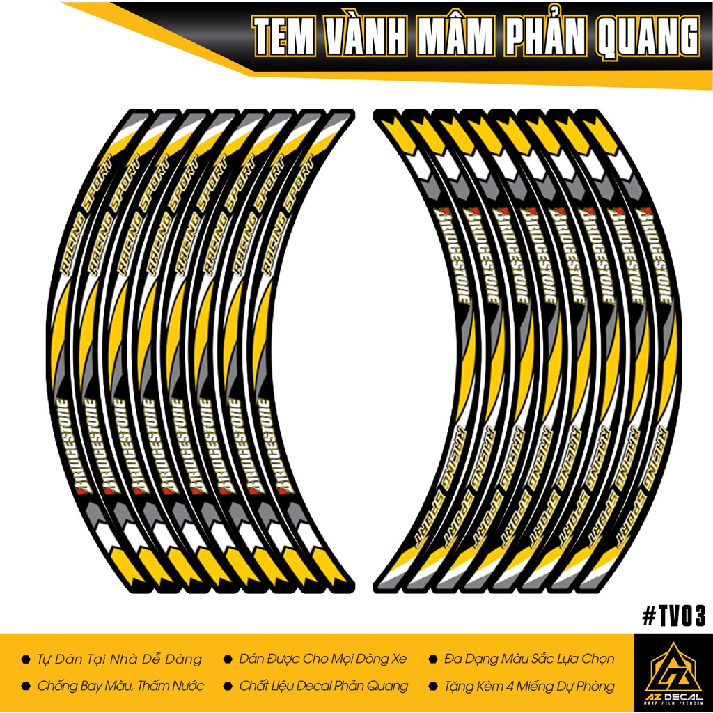 Tem Vành Mâm BRIDGESTONE - TV03 - Màu Đỏ Phản Quang | Dán Xe Máy, Xe Điện, Xe Thể Thao...Chống Thấm Nước, Chống Bay Màu