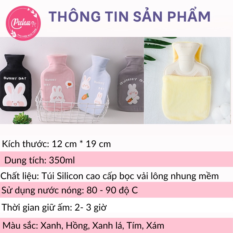 Túi chườm nóng đau bụng kinh PUHA 350ml, túi chườm ấm sưởi nóng giữ nhiệt 2h giảm đau bụng hiệu quả