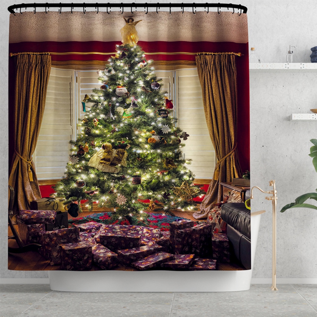 1/3/4PCS Merry Christmas Tree Shower Curtain Bath Pad Pedestal Rug Lid Toilet Cover Mat for Bathroom Christmas Decoration