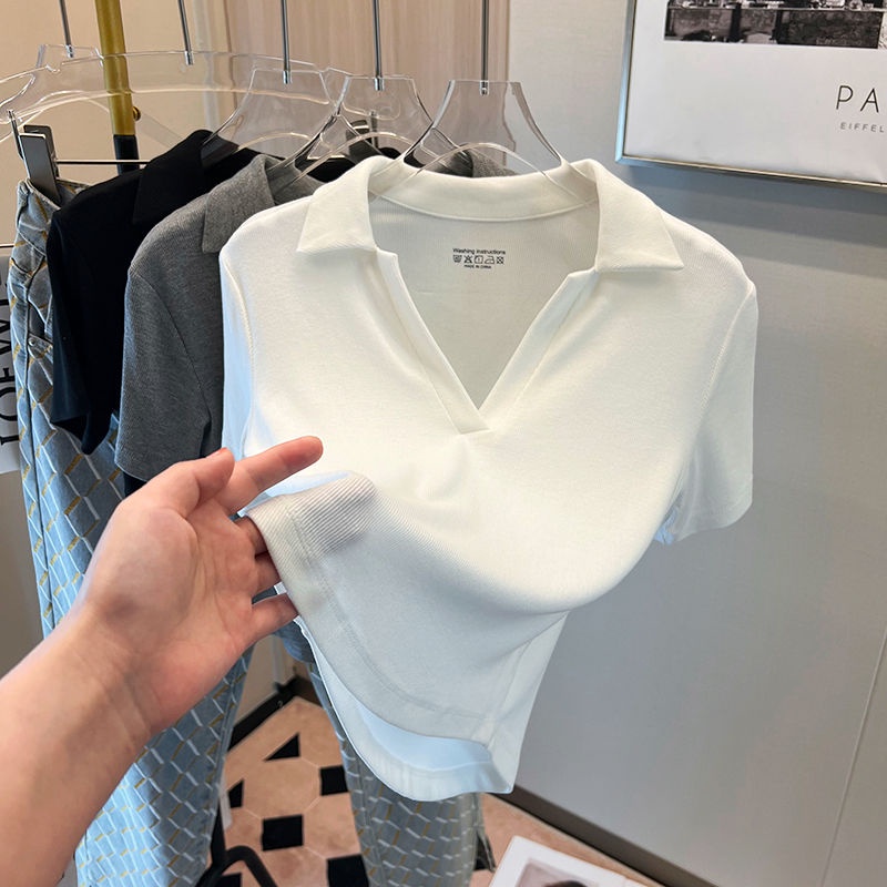Áo Thun Tay Ngắn Cổ Chữ V Màu Sắc Trơn Thời Trang Dành Cho Nữ