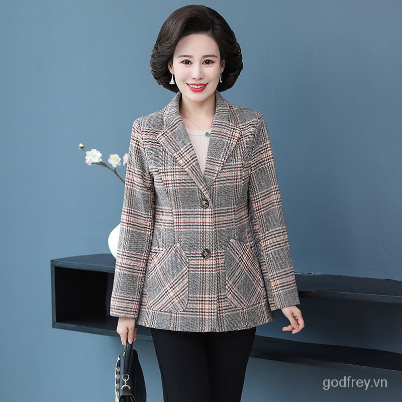 Áo Khoác Vest Kẻ Sọc Caro Thời Trang Xuân Thu Cho Phụ Nữ Trung Niên 40-50 Tuổi