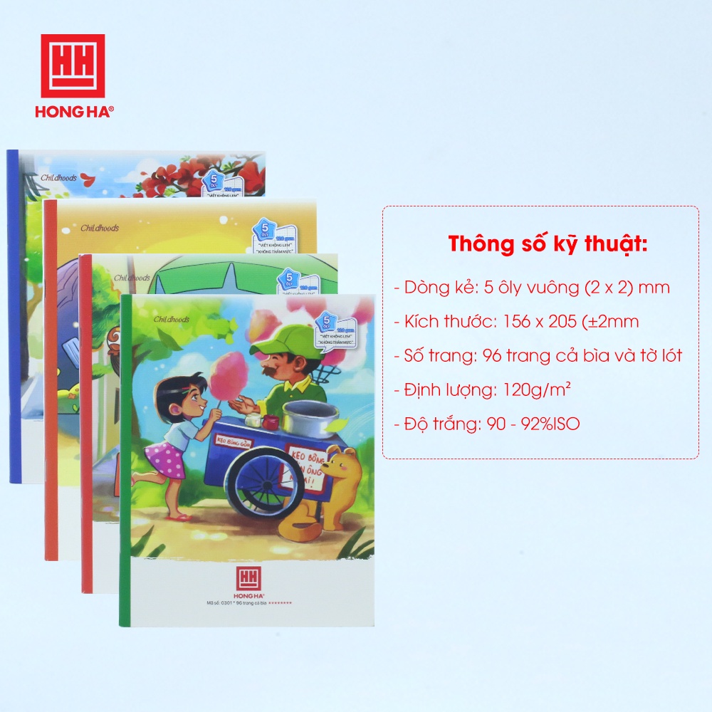 Vở 5 ô ly 96 trang Hồng Hà Class Childhood - 0301 | Dành cho học sinh miền Trung - Nam
