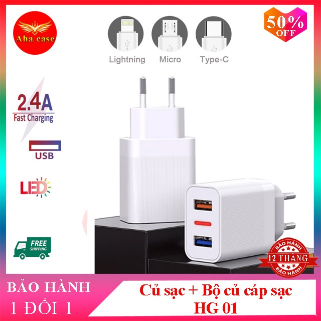 Bộ Củ + cáp sạc SD DESIGN HG 01 sạc nhanh có chân sạc ,TypeC,Micro cho mọi ĐT ip,samsung,xiaomi