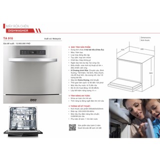 Máy rửa bát Lorca TA 916 (8 Bộ) - TẶNG KÈM VIÊN RỬA + MUỐI RỬA + DẦU BÓNG