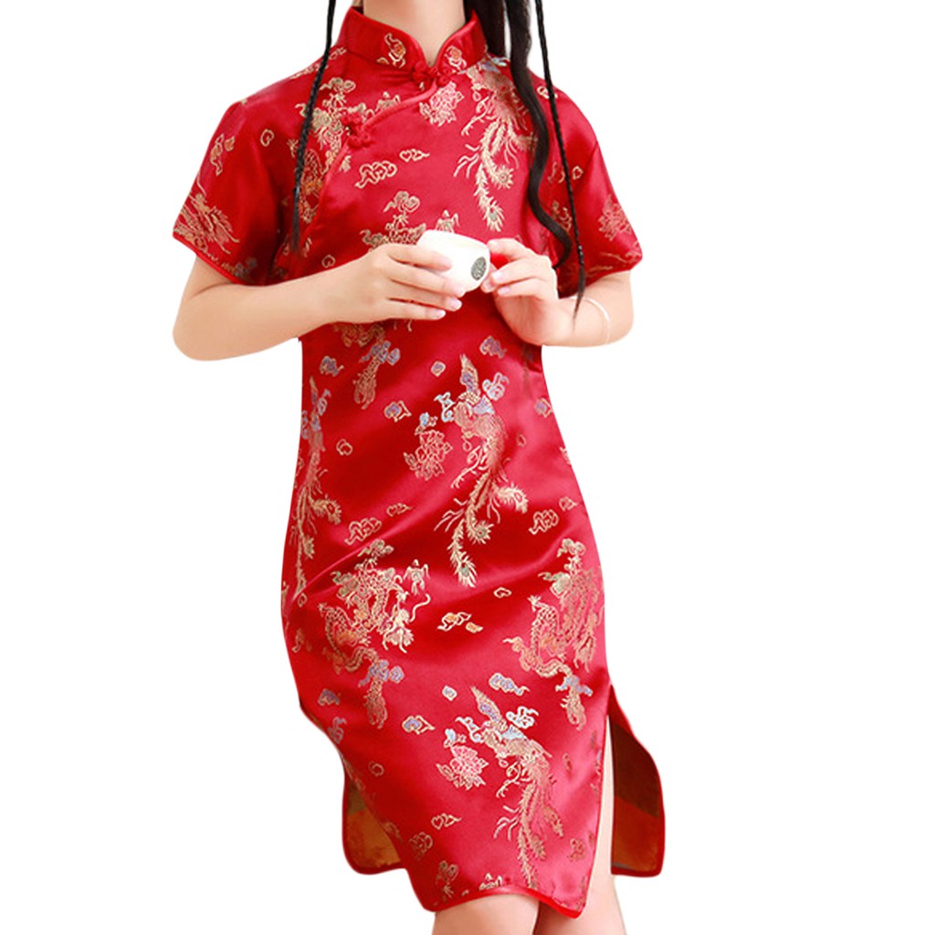 Đầm sườn xám ngắn tay cổ đứng thêu hoa thời trang hè cho bé gái