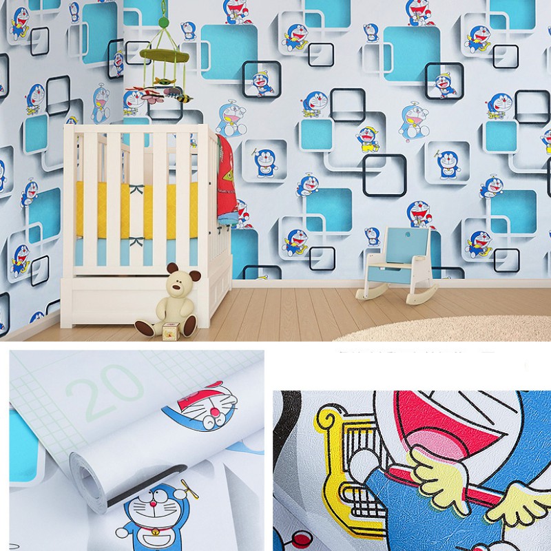 Giấy dán tường Doremon ô vuông xanh có keo sẵn khổ rộng 45cm, giấy decal dán tường Doraemon phòng ngủ cho bé - Lala Mart