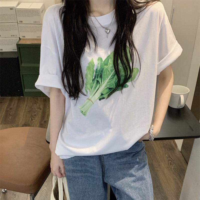 Áo Thun Tay Ngắn Dáng Rộng In Hình Rau Củ Thời Trang Cho Nữ