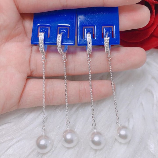 Bông tai bạc khoen tròn đính trai dáng dài siêu xinh BT0801