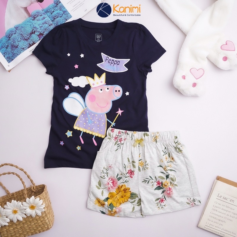 Đồ bộ ngắn tay thun cotton bé gái GAP bướm, heo peppa, bướm, chuột minie...bé 16 đến 40 ký