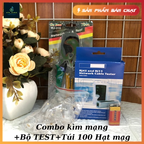 Combo (Kìm Bấm Mạng Xanh TOOL WJ-315 +100 Hạt Mạng Nhựa RJ45+Hộp Test mạng kèm Pin)