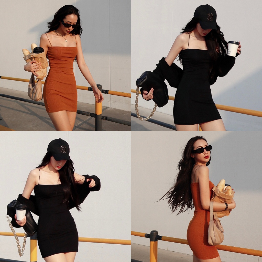 Váy 2 dây body dáng ngắn , đầm 2 dây body thun , váy 2 dây body ôm co giãn màu đen , nâu - CHOOSE ME KLP