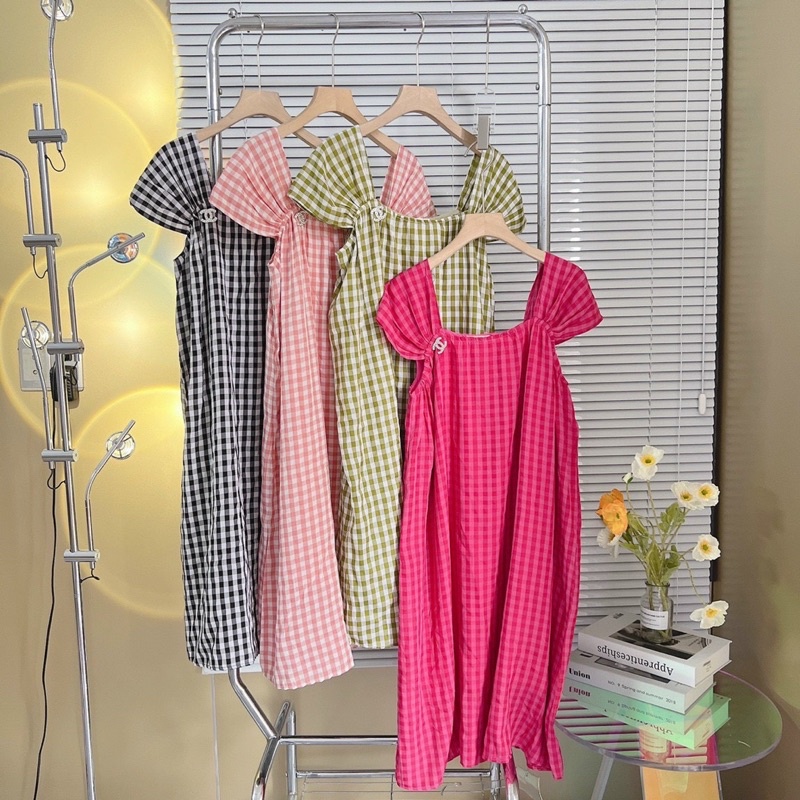 Đầm hai dây bản to hoạ tiết kẻ ô dáng suông, Váy hai dây bản to chất đũi dáng dài maxi