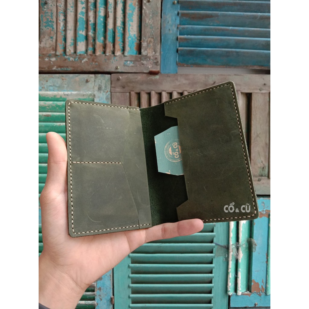 Bao Passport Cover Da Bò Thật Handmade Xanh Rêu