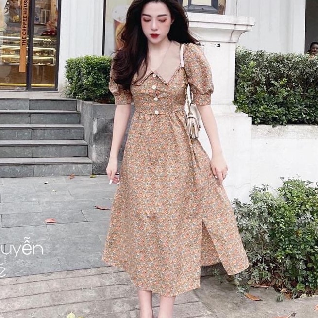 [Mã WASTCOOL giảm 15% tối đa 50K đơn 99K] váy Liền Thân Tay Bồng Dáng Xòe Vintage Hoa cổ sen vuông-HươngSu