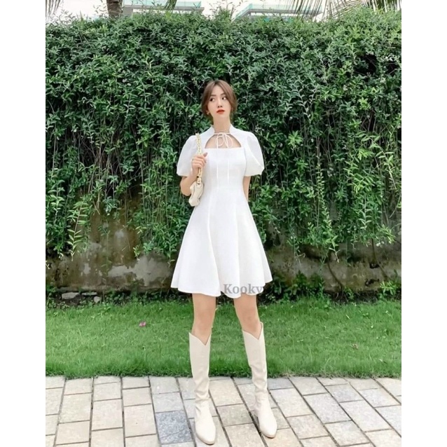 Váy Tiểu Thư Dáng Xoè Cổ Vuông Siêu Xinh - Đầm Nữ Hot Trend 2 Màu Đen Trắng Basic Có Khoá Kéo Sau