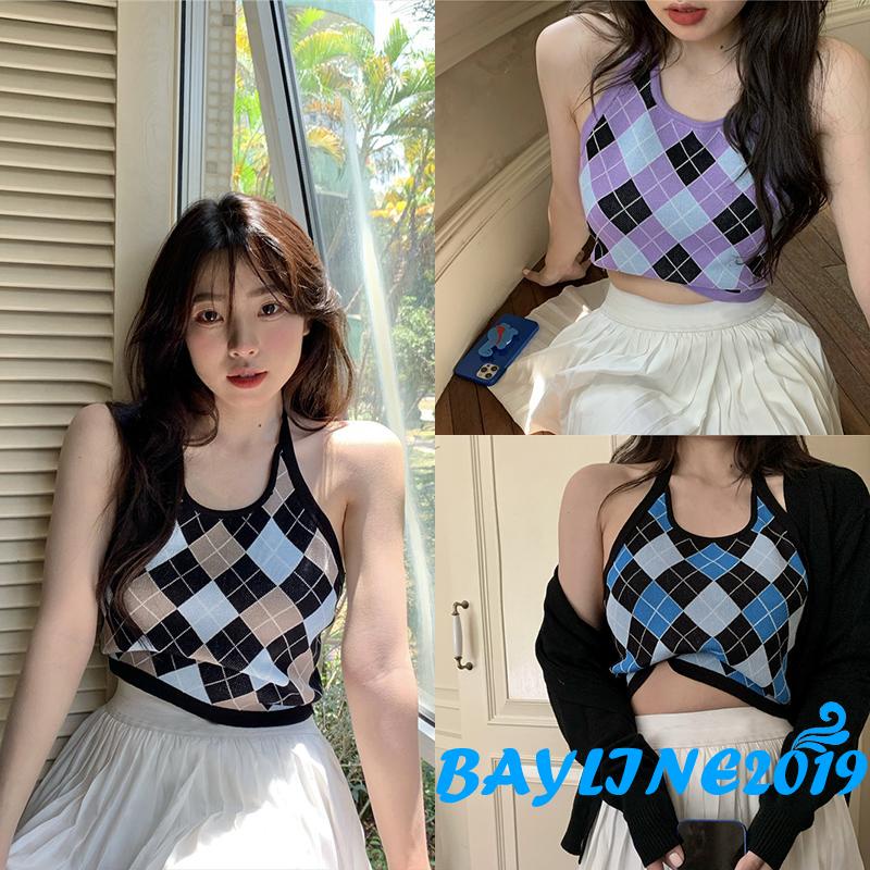 BAY-Áo dệt kim sát nách cổ chữ U họa tiết hình thoi màu xanh dương/tím thời trang mùa hè cho nữ