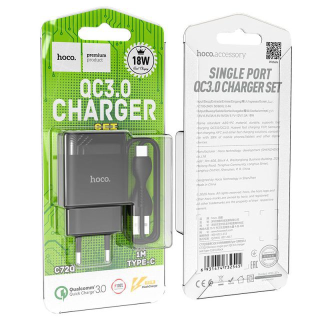 Bộ Sạc Nhanh 18W Hoco C72Q - Bộ Cáp Sạc Nhanh 3A Siêu Tốc, An Toàn Cho Các Dòng Android Type C/ Micro USB - Bảo Hành 12T