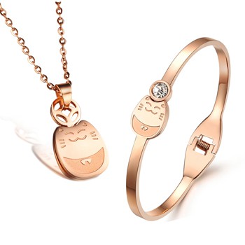 Combo vòng tay và dây chuyền Titan mèo may mắn CB01 (màu đồng) - Winz.vn